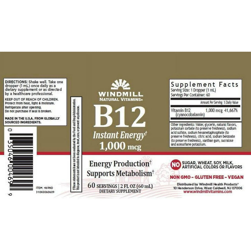 B-12 1000 Mcg Liquid for Instant Energy, 2 Oz