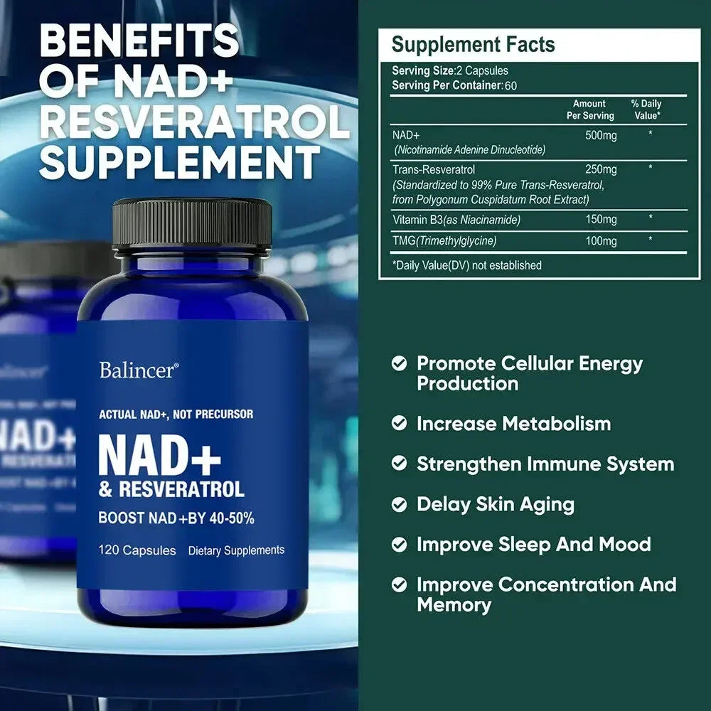 NAD + Resveratrol Supplement - Anti-Aging, Helps Boost Energy, Promotes Cell and Skin Health, Promotes Blood Circulation